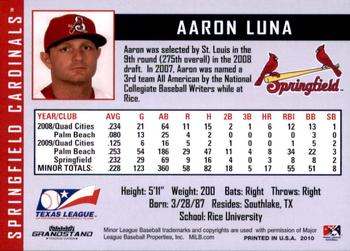 2010 Grandstand Springfield Cardinals #NNO Aaron Luna Back