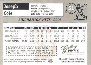 2003 Grandstand Binghamton Mets #9 Joseph Cole Back
