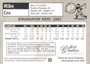 2003 Grandstand Binghamton Mets #10 Mike Cox Back