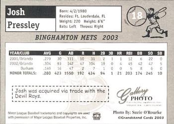 2003 Grandstand Binghamton Mets #22 Josh Pressley Back