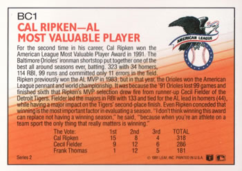 1992 Donruss - Bonus Cards #BC1 Cal Ripken Jr. Back