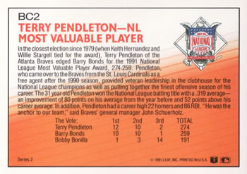 1992 Donruss - Bonus Cards #BC2 Terry Pendleton Back