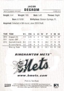 2013 Choice Binghamton Mets #10 Jacob deGrom Back