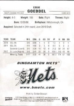 2013 Choice Binghamton Mets #13 Erik Goeddel Back