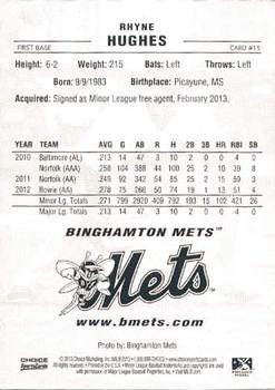 2013 Choice Binghamton Mets #15 Rhyne Hughes Back