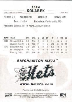 2013 Choice Binghamton Mets #16 Adam Kolarek Back