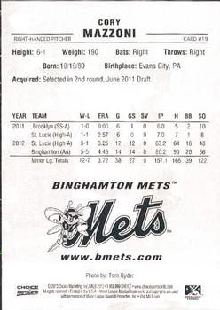 2013 Choice Binghamton Mets #19 Cory Mazzoni Back