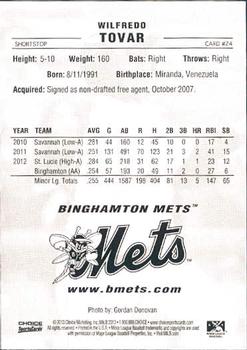 2013 Choice Binghamton Mets #24 Wilfredo Tovar Back