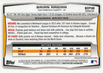 2014 Bowman - Chrome Prospects Orange Wave Refractors #BCP100 Brian Ragira Back