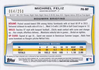 2014 Bowman - Prospect Autographs Orange #PA-MF Michael Feliz Back
