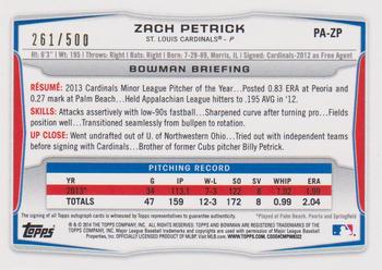 2014 Bowman - Prospect Autographs Blue #PA-ZP Zach Petrick Back