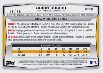 2014 Bowman - Prospects Black #BP100 Brian Ragira Back