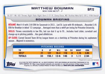 2014 Bowman - Prospects Purple #BP72 Matthew Bowman Back