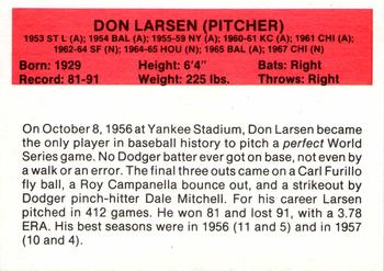 1987 Hygrade All-Time Greats #NNO Don Larsen Back