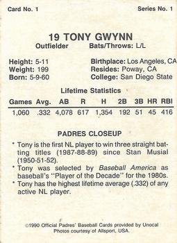 1990 Unocal San Diego Padres #1 Tony Gwynn Back