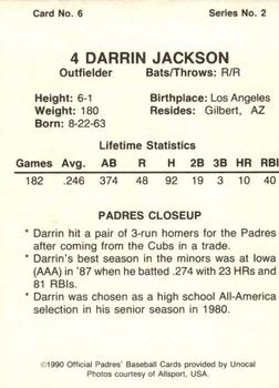 1990 Unocal San Diego Padres #6 Darrin Jackson Back