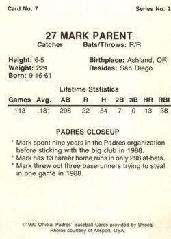 1990 Unocal San Diego Padres #7 Mark Parent Back