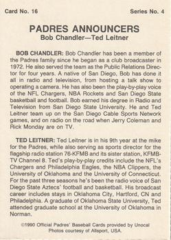 1990 Unocal San Diego Padres #16 Bob Chandler / Ted Leitner Back