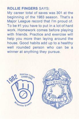 1983 Milwaukee Brewers Police #NNO Rollie Fingers Back