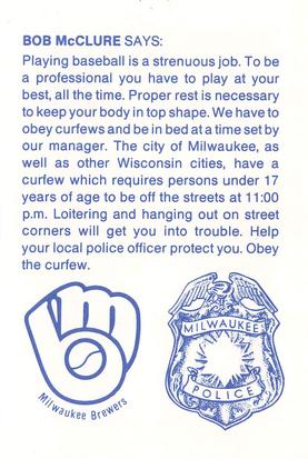 1984 Milwaukee Brewers Police #NNO Bob McClure Back