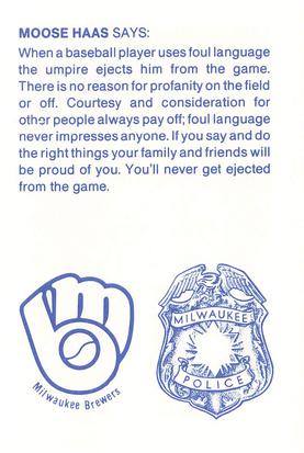 1984 Milwaukee Brewers Police #NNO Moose Haas Back