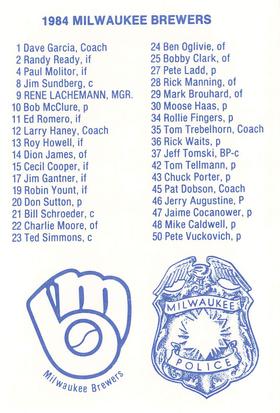 1984 Milwaukee Brewers Police #NNO Team Back