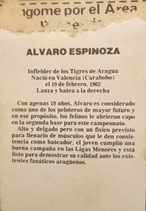 1981-82 Venezuelan Winter League Stickers #24 Alvaro Espinoza Back
