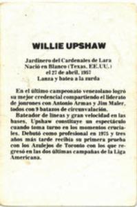 1981-82 Venezuelan Winter League Stickers #59 Willie Upshaw Back