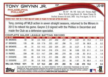 2014 Topps Update #US-181 Tony Gwynn Jr. Back