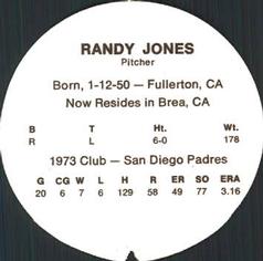 1974 McDonald's San Diego Padres Discs #NNO Randy Jones Back