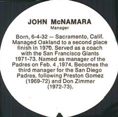 1974 McDonald's San Diego Padres Discs #NNO John McNamara Back