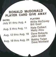 1974 McDonald's San Diego Padres Discs #NNO Ronald McDonald Back