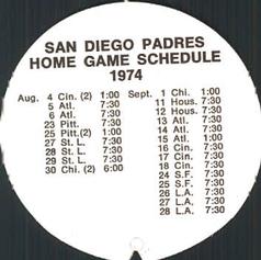 1974 McDonald's San Diego Padres Discs #NNO Padres Schedule Front