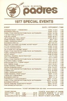 1977 San Diego Padres Schedules #NNO Nate Colbert Back