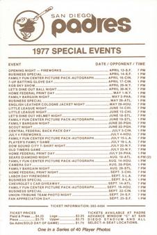 1977 San Diego Padres Schedules #NNO Dave Roberts Back