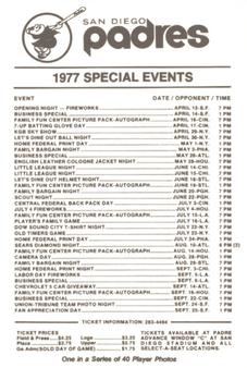 1977 San Diego Padres Schedules #NNO Gary Sutherland Back