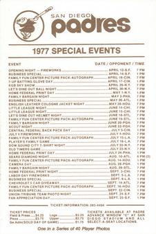 1977 San Diego Padres Schedules #NNO Bill Almon Back