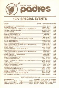 1977 San Diego Padres Schedules #NNO Matty Alou Back