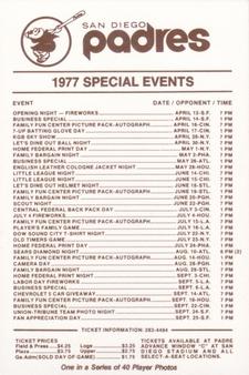 1977 San Diego Padres Schedules #NNO Dave Winfield Back