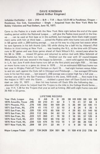 1977 Family Fun Center San Diego Padres #NNO Dave Kingman Back