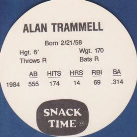 1985 Kitty Clover Discs #NNO Alan Trammell Back