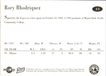 1996 Best West Palm Beach Expos #13 Rory Rhodriguez Back