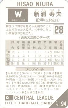 1989 Lotte Gum #94 Hisao Niura Back