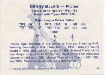 1986 Sports Design Detroit Tigers #21 Denny McLain Back