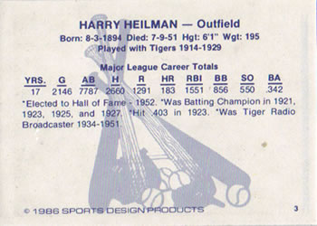 1986 Sports Design Detroit Tigers #3 Harry Heilmann Back
