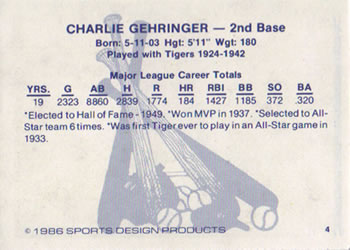 1986 Sports Design Detroit Tigers #4 Charlie Gehringer Back