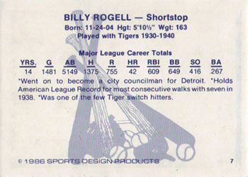 1986 Sports Design Detroit Tigers #7 Billy Rogell Back
