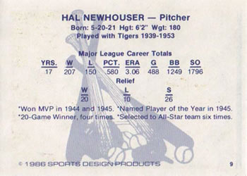 1986 Sports Design Detroit Tigers #9 Hal Newhouser Back