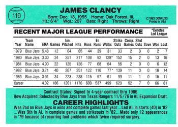 1984 Donruss #119 Jim Clancy Back
