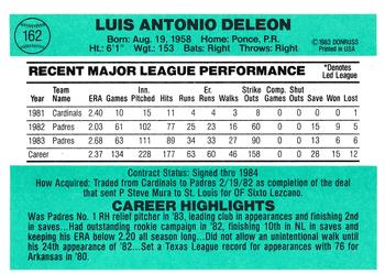 1984 Donruss #162 Luis DeLeon Back